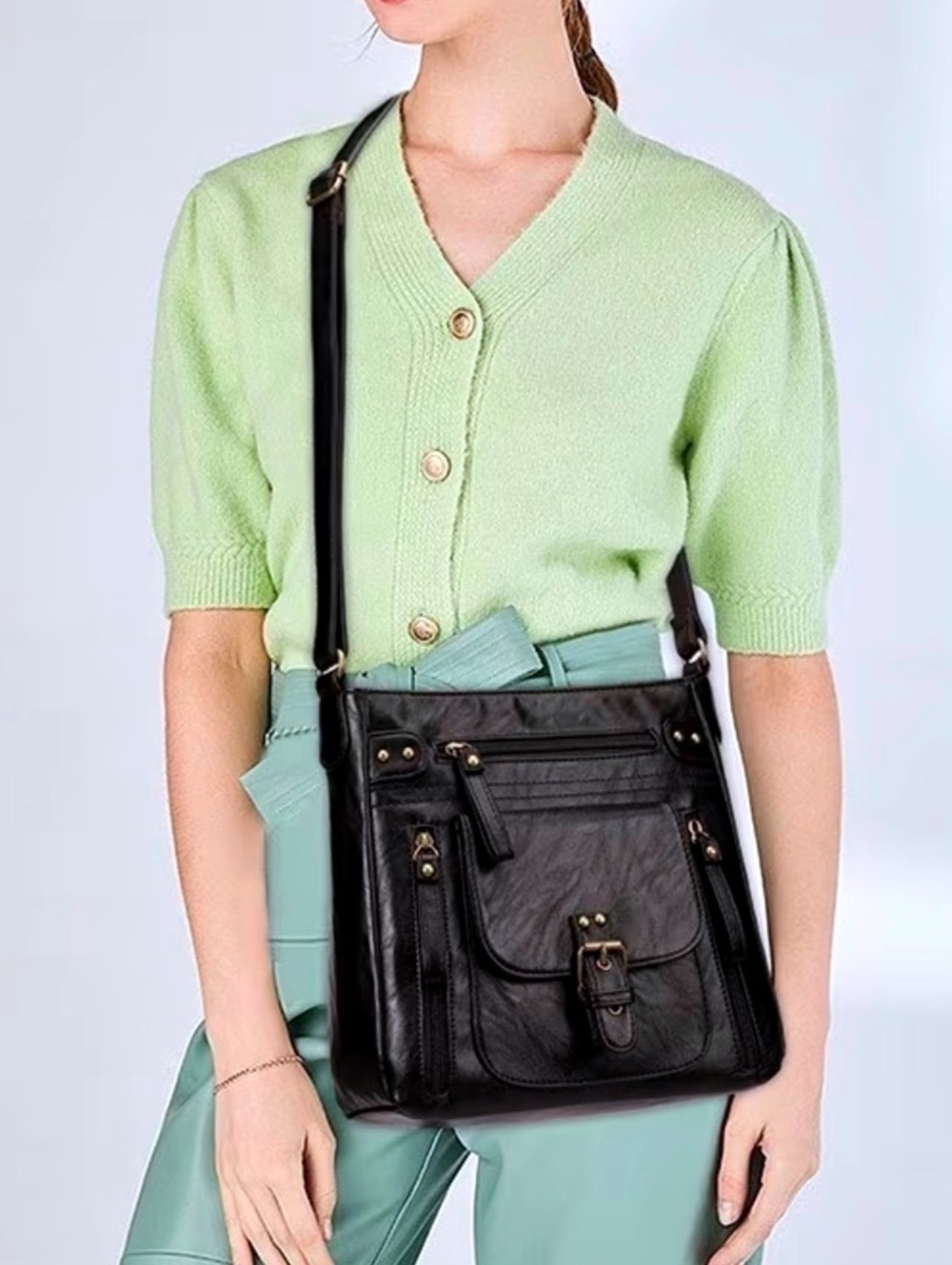 New -Trendy -Faux Leather Crossbody Bag -Black